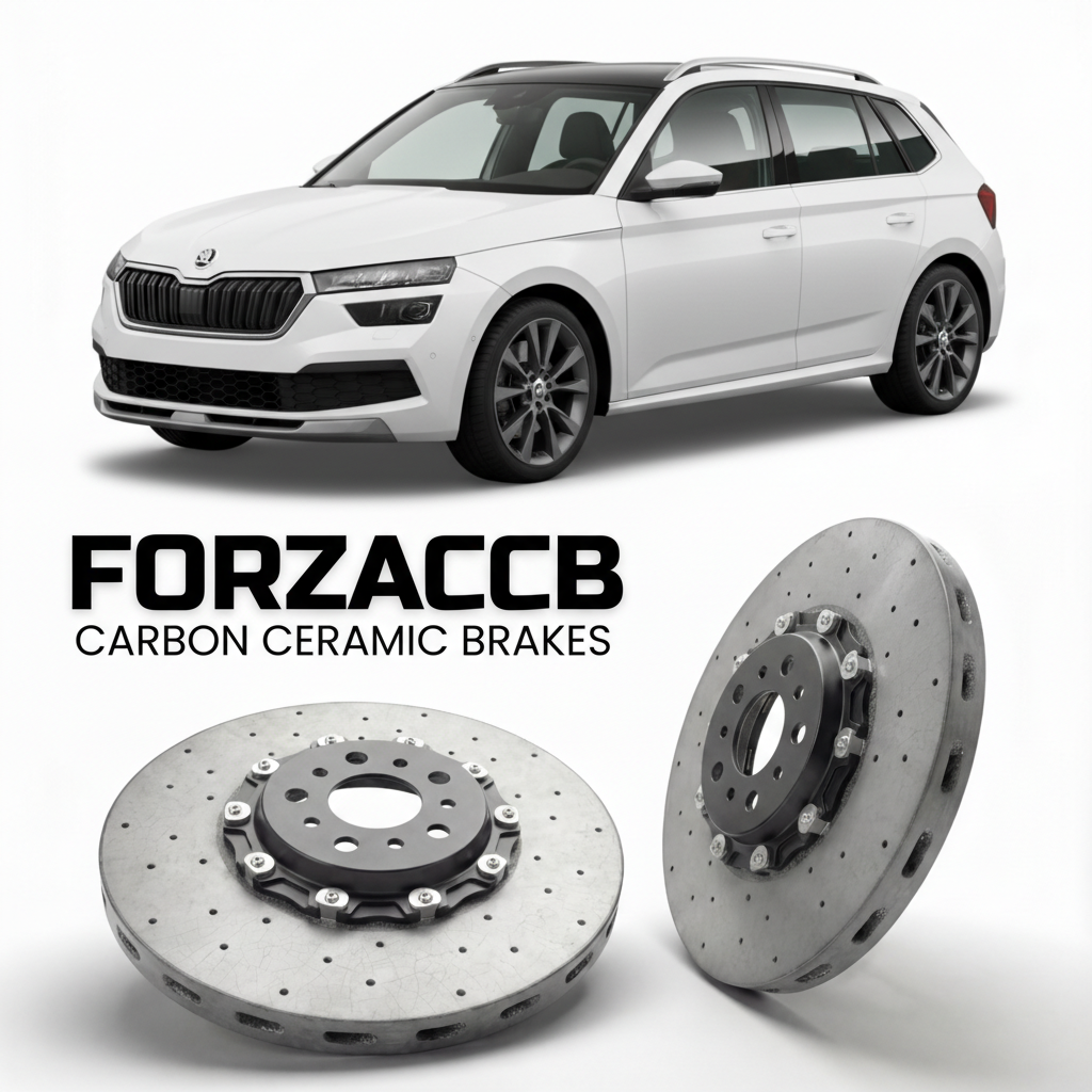 ForzaCCB direct OEM replacement carbon ceramic brake rotors for 2019 and newer Skoda Kamiq NW models, shown with a white Skoda Kamiq car.