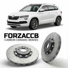 ForzaCCB direct OEM replacement carbon ceramic brake rotors for 2017 and newer Skoda Karoq NU models, shown with a white Skoda Karoq car.