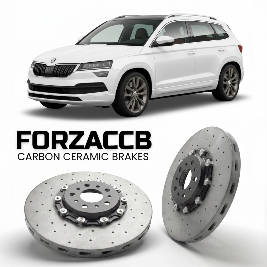 ForzaCCB direct OEM replacement carbon ceramic brake rotors for 2017 and newer Skoda Karoq NU models, shown with a white Skoda Karoq car.