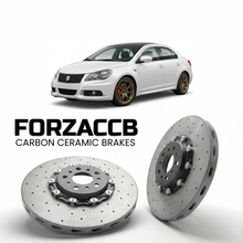 ForzaCCB direct OEM replacement carbon ceramic brake rotors for 2009 to 2016 Suzuki Kizashi models, shown with a white Suzuki Kizashi car.