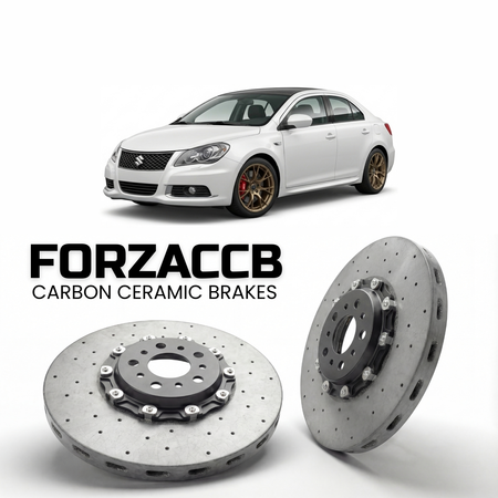 ForzaCCB direct OEM replacement carbon ceramic brake rotors for 2009 to 2016 Suzuki Kizashi models, shown with a white Suzuki Kizashi car.