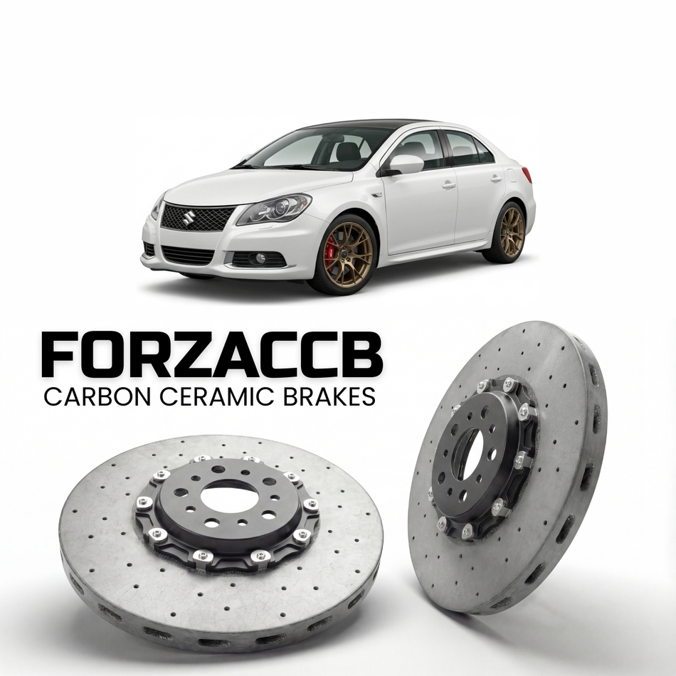 ForzaCCB direct OEM replacement carbon ceramic brake rotors for 2009 to 2016 Suzuki Kizashi models, shown with a white Suzuki Kizashi car.
