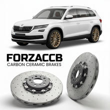 ForzaCCB direct OEM replacement carbon ceramic brake rotors for 2016 to 2023 Skoda Kodiaq NS models, shown with a white Skoda Kodiaq car.