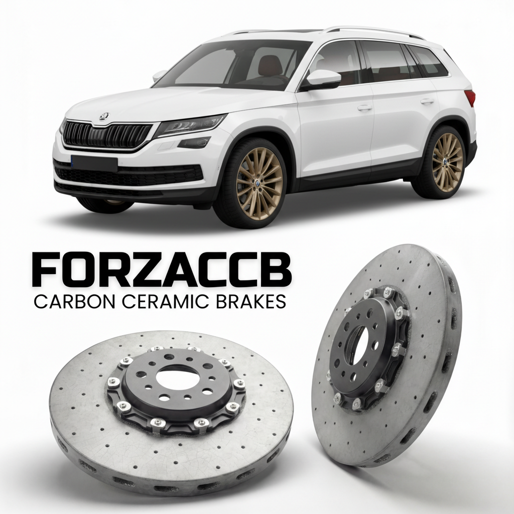 ForzaCCB direct OEM replacement carbon ceramic brake rotors for 2016 to 2023 Skoda Kodiaq NS models, shown with a white Skoda Kodiaq car.