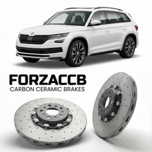 ForzaCCB direct OEM replacement carbon ceramic brake rotors for 2023 and newer Skoda Kodiaq II PS models, shown with a white Skoda Kodiaq II car.