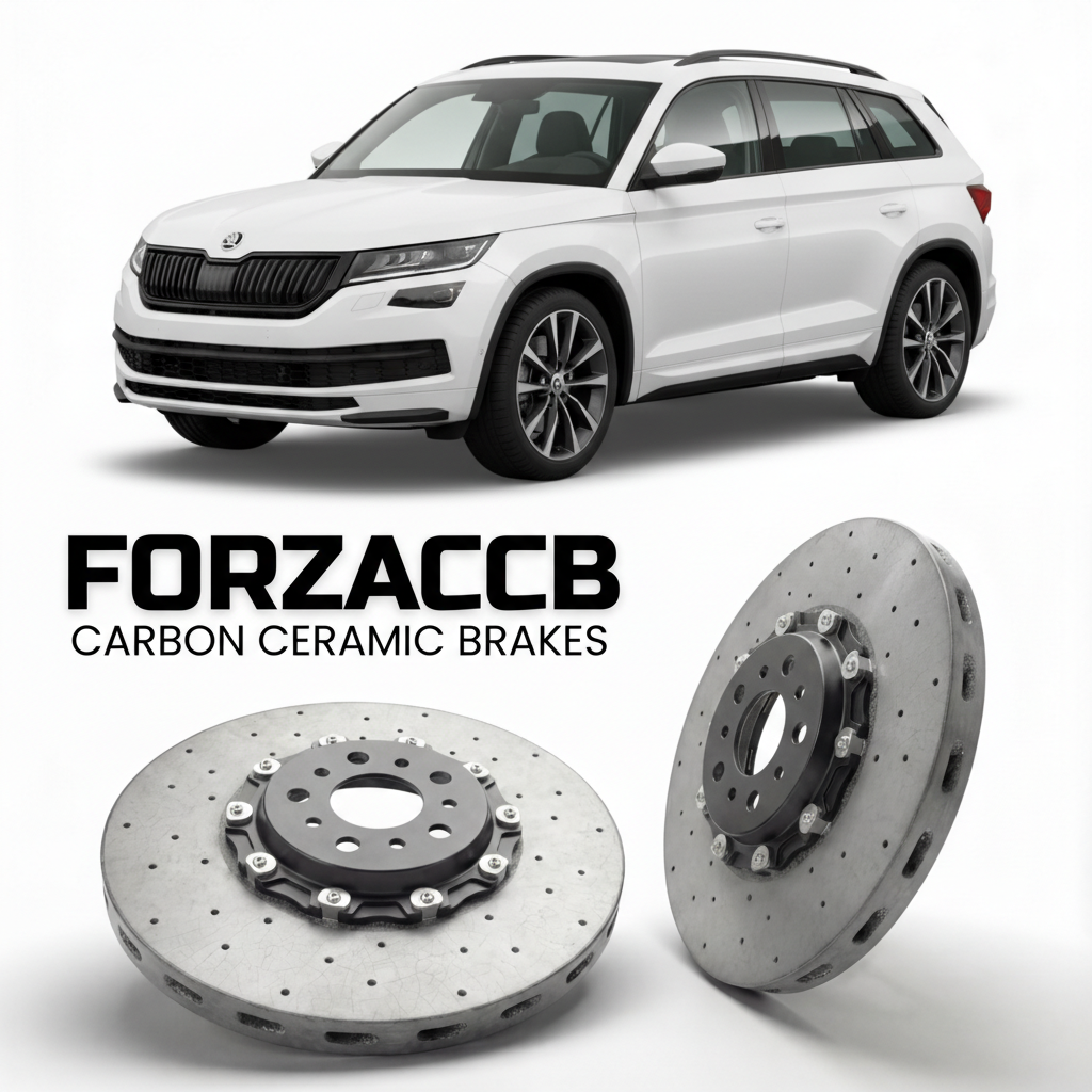 ForzaCCB direct OEM replacement carbon ceramic brake rotors for 2023 and newer Skoda Kodiaq II PS models, shown with a white Skoda Kodiaq II car.