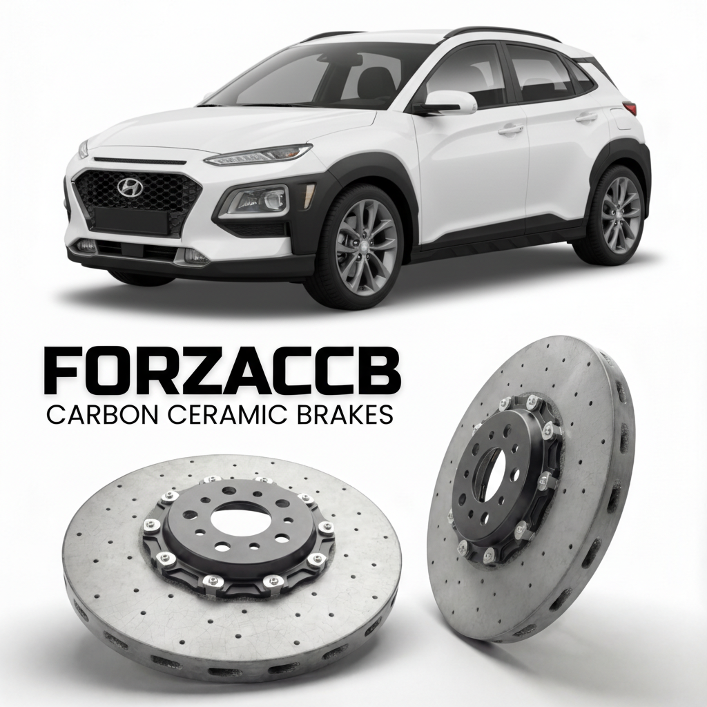ForzaCCB direct OEM replacement carbon ceramic brake rotors for 2019 to 2023 Hyundai Kona Gen 1 models, shown with a white Hyundai Kona car.