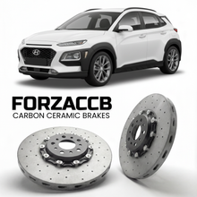ForzaCCB direct OEM replacement carbon ceramic brake rotors for 2019 to 2023 Hyundai Kona Gen 1 models, shown with a white Hyundai Kona car.