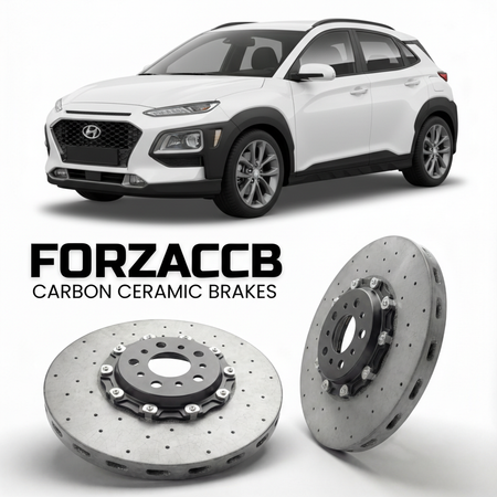 ForzaCCB direct OEM replacement carbon ceramic brake rotors for 2019 to 2023 Hyundai Kona Gen 1 models, shown with a white Hyundai Kona car.