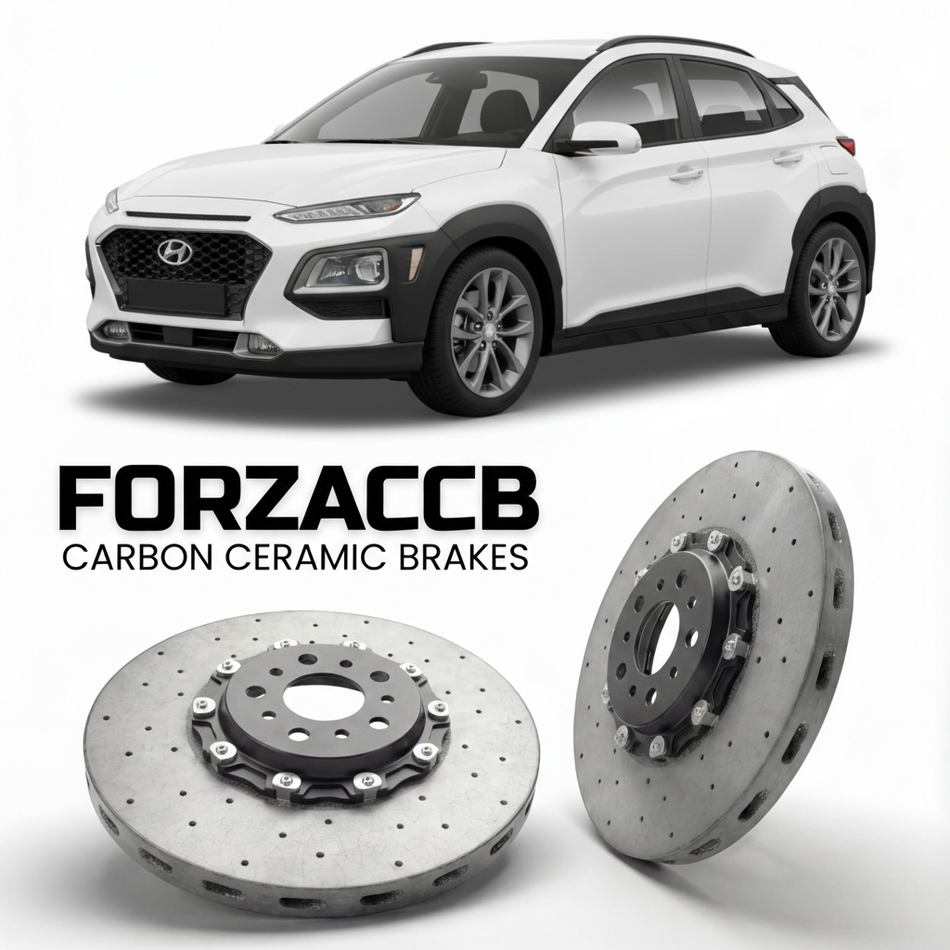 ForzaCCB direct OEM replacement carbon ceramic brake rotors for 2019 to 2023 Hyundai Kona Gen 1 models, shown with a white Hyundai Kona car.