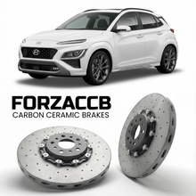 ForzaCCB direct OEM replacement carbon ceramic brake rotors for 2024 to 2026 Hyundai Kona Gen 2 models, shown with a white Hyundai Kona car.