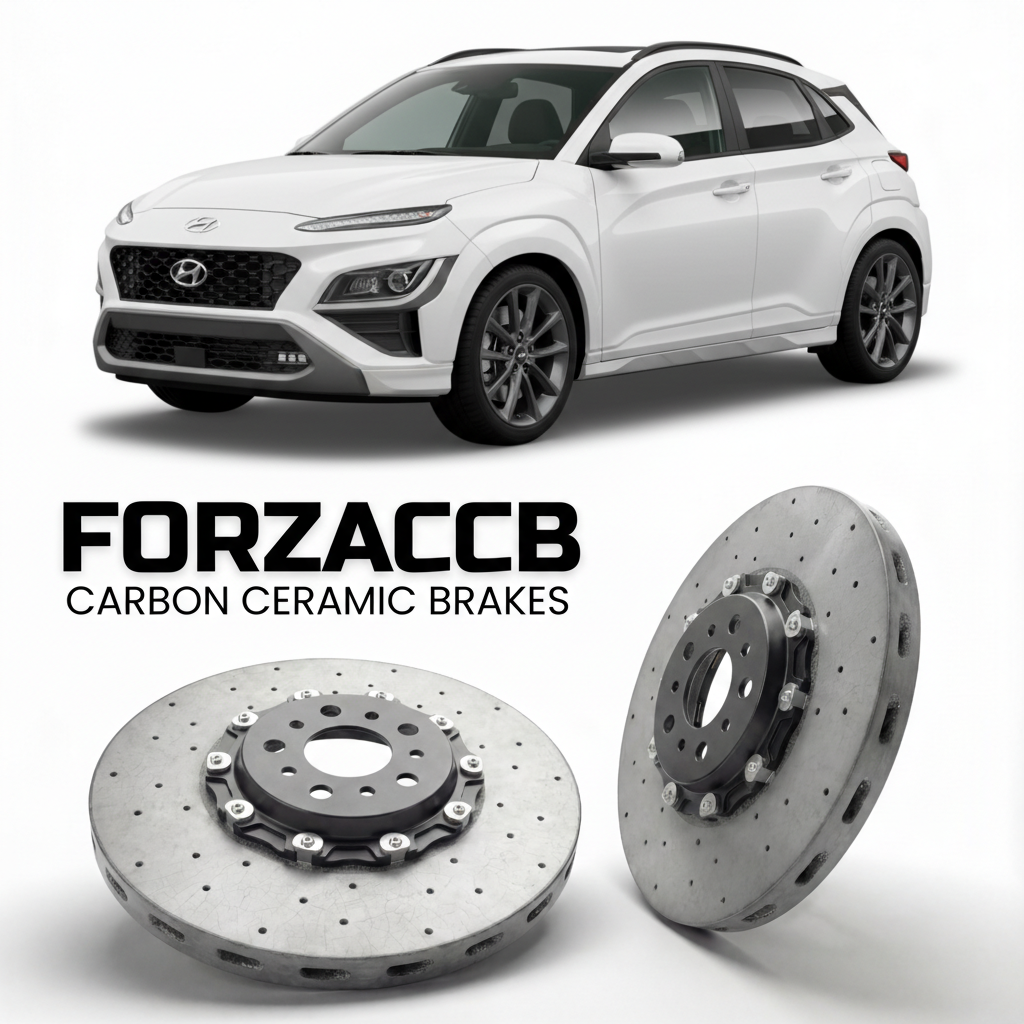 ForzaCCB direct OEM replacement carbon ceramic brake rotors for 2024 to 2026 Hyundai Kona Gen 2 models, shown with a white Hyundai Kona car.
