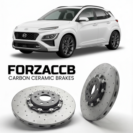 ForzaCCB direct OEM replacement carbon ceramic brake rotors for 2024 to 2026 Hyundai Kona Gen 2 models, shown with a white Hyundai Kona car.