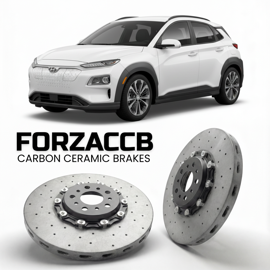 ForzaCCB direct OEM replacement carbon ceramic brake rotors for 2019 to 2026 Hyundai Kona Electric models, shown with a white Hyundai Kona Electric car.