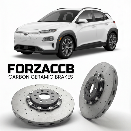 ForzaCCB direct OEM replacement carbon ceramic brake rotors for 2019 to 2026 Hyundai Kona Electric models, shown with a white Hyundai Kona Electric car.