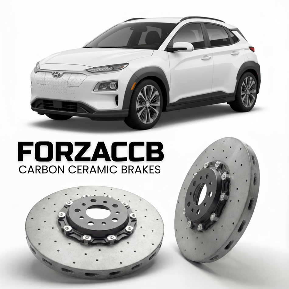 ForzaCCB direct OEM replacement carbon ceramic brake rotors for 2019 to 2026 Hyundai Kona Electric models, shown with a white Hyundai Kona Electric car.