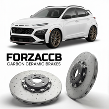 ForzaCCB direct OEM replacement carbon ceramic brake rotors for 2022 to 2026 Hyundai Kona N models, shown with a white Hyundai Kona N car.