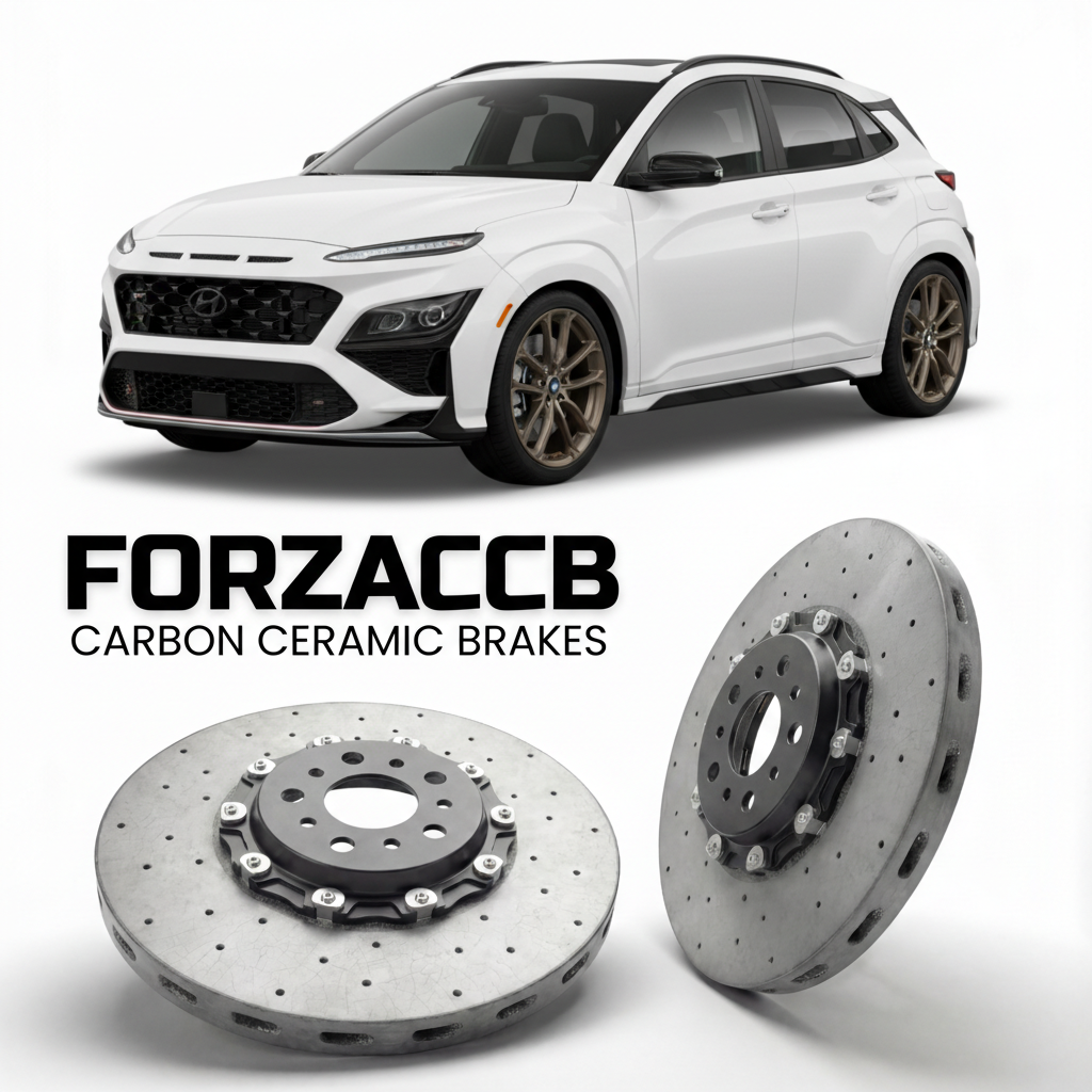 ForzaCCB direct OEM replacement carbon ceramic brake rotors for 2022 to 2026 Hyundai Kona N models, shown with a white Hyundai Kona N car.