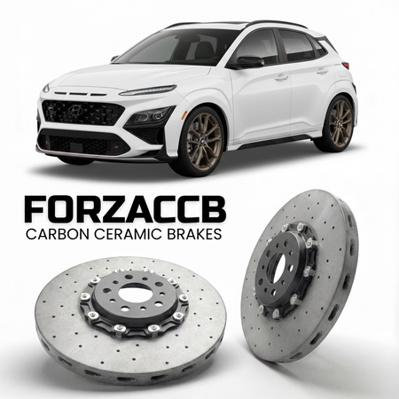 ForzaCCB direct OEM replacement carbon ceramic brake rotors for 2022 to 2026 Hyundai Kona N models, shown with a white Hyundai Kona N car.
