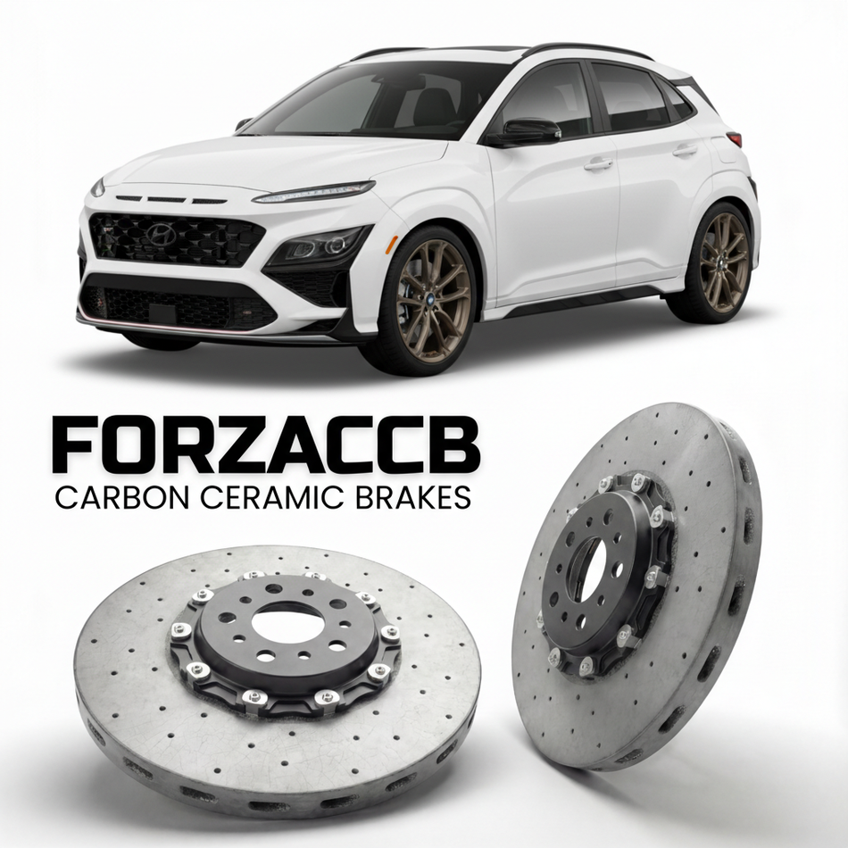 ForzaCCB direct OEM replacement carbon ceramic brake rotors for 2022 to 2026 Hyundai Kona N models, shown with a white Hyundai Kona N car.