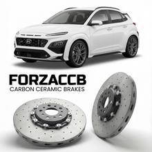 ForzaCCB direct OEM replacement carbon ceramic brake rotors for 2024 to 2026 Hyundai Kona N Line models, shown with a white Hyundai Kona N Line car.