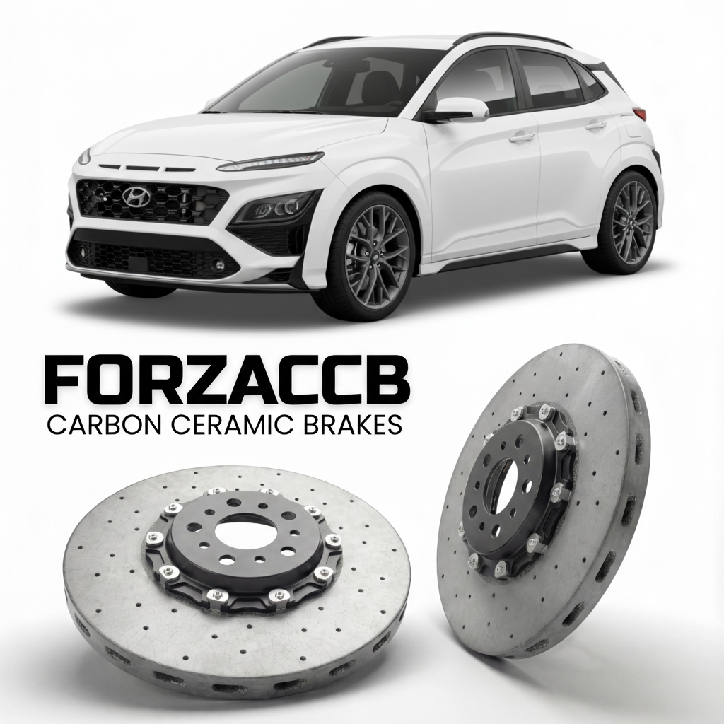 ForzaCCB direct OEM replacement carbon ceramic brake rotors for 2024 to 2026 Hyundai Kona N Line models, shown with a white Hyundai Kona N Line car.