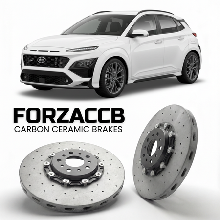 ForzaCCB direct OEM replacement carbon ceramic brake rotors for 2024 to 2026 Hyundai Kona N Line models, shown with a white Hyundai Kona N Line car.