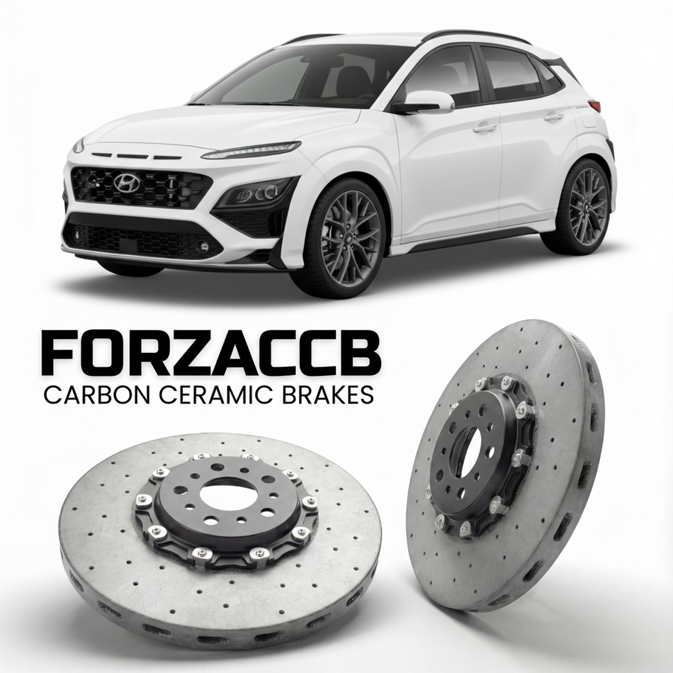 ForzaCCB direct OEM replacement carbon ceramic brake rotors for 2024 to 2026 Hyundai Kona N Line models, shown with a white Hyundai Kona N Line car.