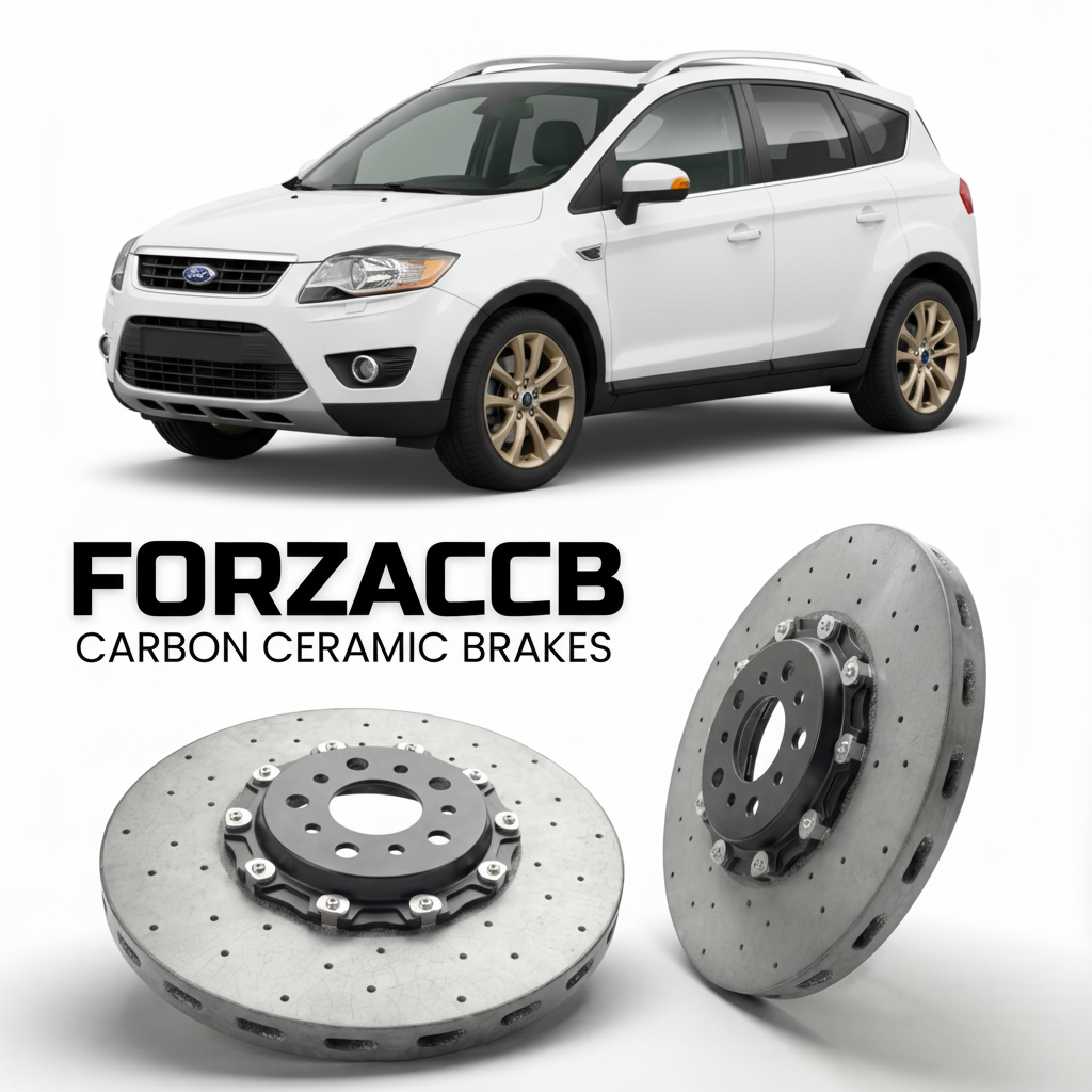 ForzaCCB direct OEM replacement carbon ceramic brake rotors for 2008 to 2010 Ford Kuga I models, shown with a white Ford Kuga car.