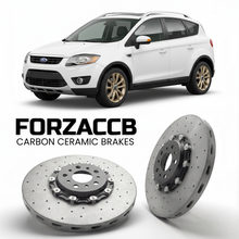 ForzaCCB direct OEM replacement carbon ceramic brake rotors for 2008 to 2010 Ford Kuga I models, shown with a white Ford Kuga car.