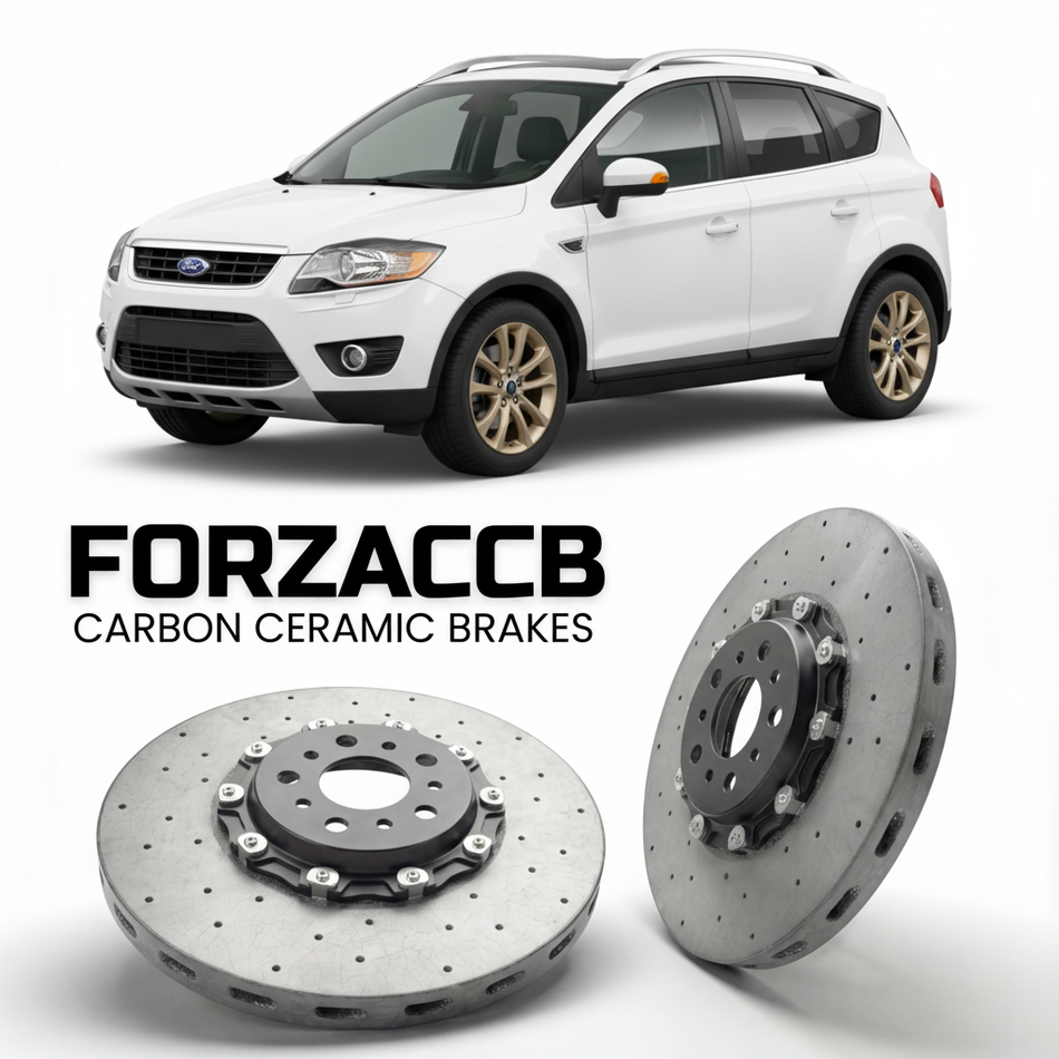 ForzaCCB direct OEM replacement carbon ceramic brake rotors for 2008 to 2010 Ford Kuga I models, shown with a white Ford Kuga car.