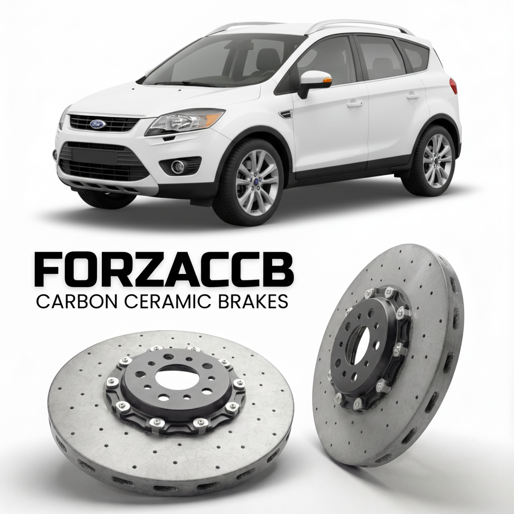 ForzaCCB direct OEM replacement carbon ceramic brake rotors for 2010-2012) Ford Kuga I (facelift 2010 models, shown with a white Ford Kuga car.