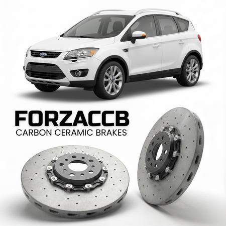 ForzaCCB direct OEM replacement carbon ceramic brake rotors for 2010-2012) Ford Kuga I (facelift 2010 models, shown with a white Ford Kuga car.