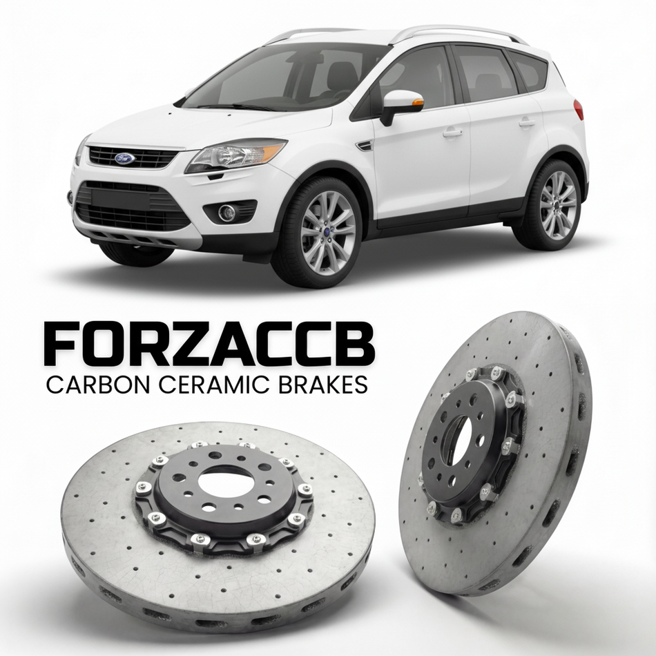 ForzaCCB direct OEM replacement carbon ceramic brake rotors for 2010-2012) Ford Kuga I (facelift 2010 models, shown with a white Ford Kuga car.