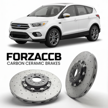ForzaCCB direct OEM replacement carbon ceramic brake rotors for 2012 to 2014 Ford Kuga II models, shown with a white Ford Kuga car.