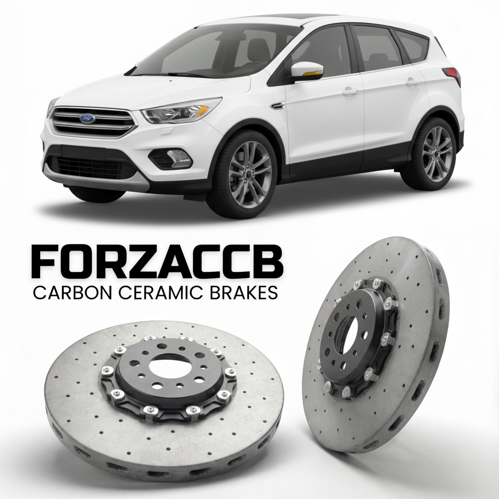 ForzaCCB direct OEM replacement carbon ceramic brake rotors for 2012 to 2014 Ford Kuga II models, shown with a white Ford Kuga car.