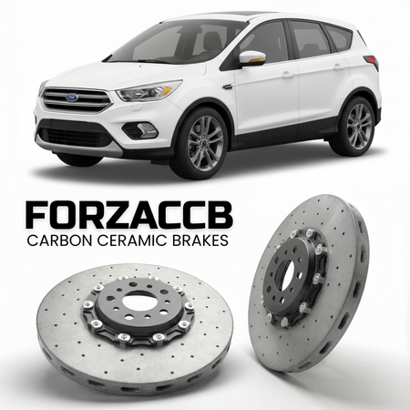 ForzaCCB direct OEM replacement carbon ceramic brake rotors for 2012 to 2014 Ford Kuga II models, shown with a white Ford Kuga car.