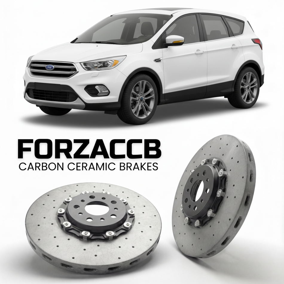 ForzaCCB direct OEM replacement carbon ceramic brake rotors for 2012 to 2014 Ford Kuga II models, shown with a white Ford Kuga car.