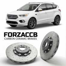 ForzaCCB direct OEM replacement carbon ceramic brake rotors for 2016-2019) Ford Kuga II (facelift 2016 models, shown with a white Ford Kuga car.