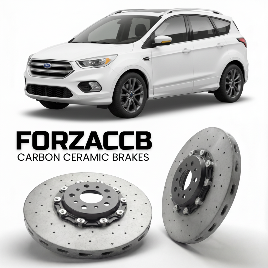 ForzaCCB direct OEM replacement carbon ceramic brake rotors for 2016-2019) Ford Kuga II (facelift 2016 models, shown with a white Ford Kuga car.