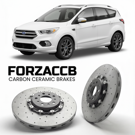 ForzaCCB direct OEM replacement carbon ceramic brake rotors for 2016-2019) Ford Kuga II (facelift 2016 models, shown with a white Ford Kuga car.