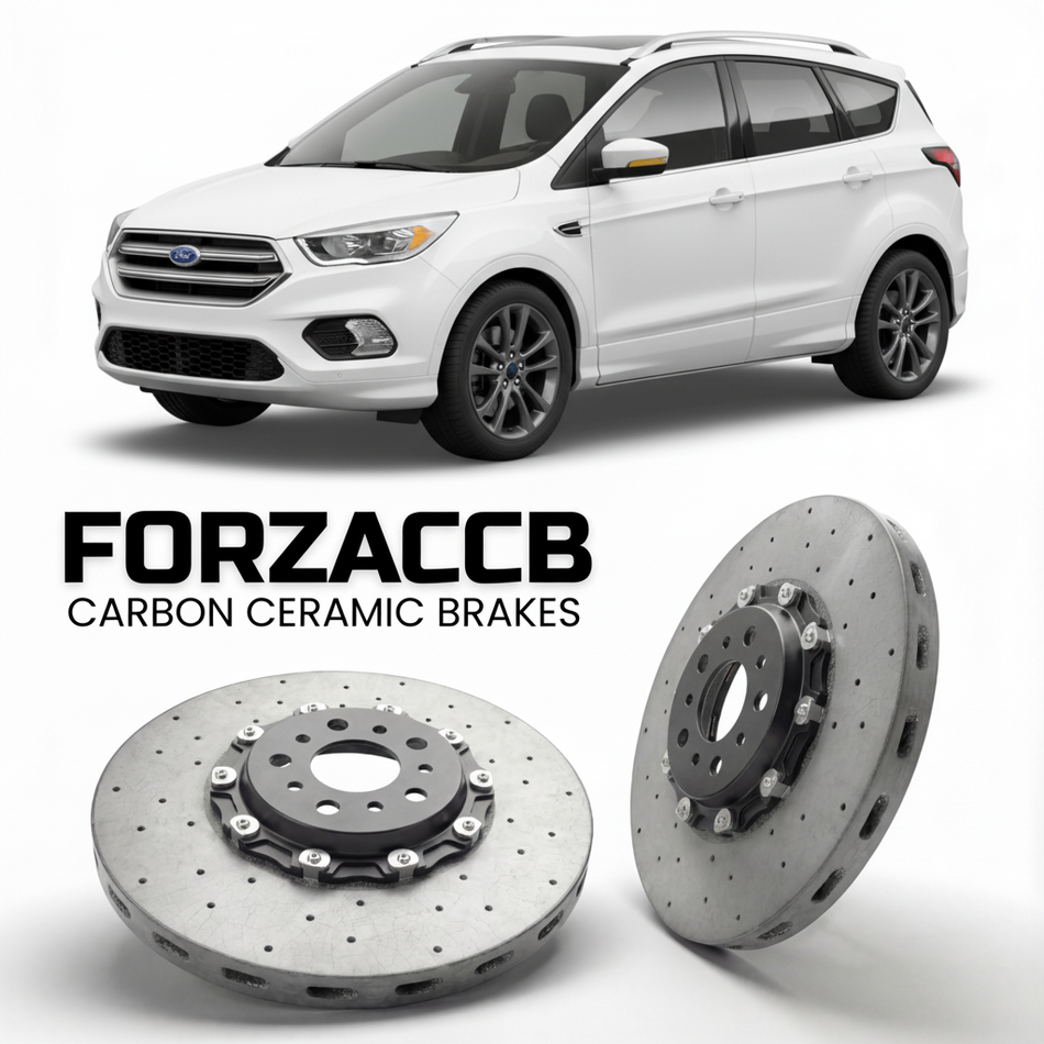 ForzaCCB direct OEM replacement carbon ceramic brake rotors for 2016-2019) Ford Kuga II (facelift 2016 models, shown with a white Ford Kuga car.