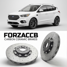 ForzaCCB direct OEM replacement carbon ceramic brake rotors for 2019 to 2024 Ford Kuga III models, shown with a white Ford Kuga car.