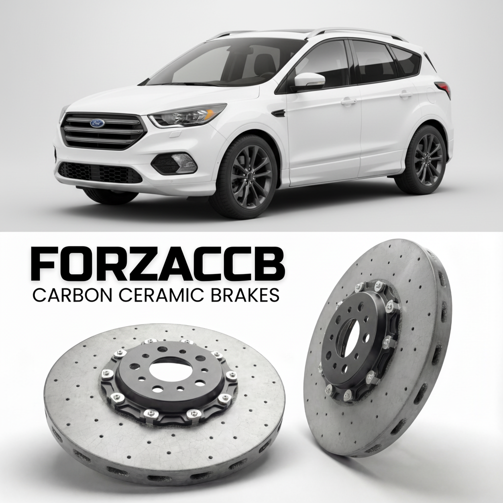 ForzaCCB direct OEM replacement carbon ceramic brake rotors for 2019 to 2024 Ford Kuga III models, shown with a white Ford Kuga car.