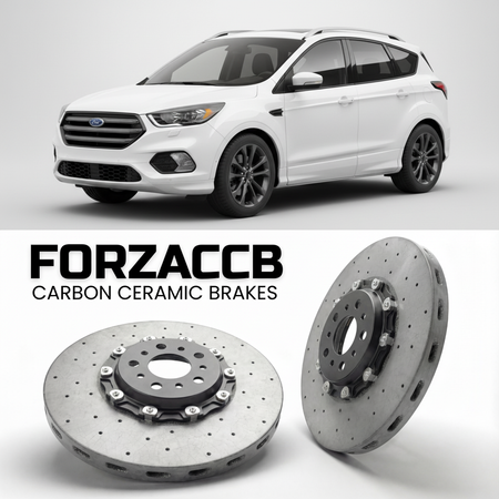 ForzaCCB direct OEM replacement carbon ceramic brake rotors for 2019 to 2024 Ford Kuga III models, shown with a white Ford Kuga car.