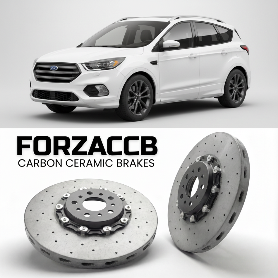 ForzaCCB direct OEM replacement carbon ceramic brake rotors for 2019 to 2024 Ford Kuga III models, shown with a white Ford Kuga car.