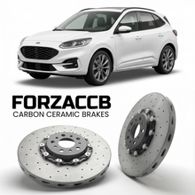ForzaCCB direct OEM replacement carbon ceramic brake rotors for 2024+) Ford Kuga III (facelift 2024 models, shown with a white Ford Kuga car.