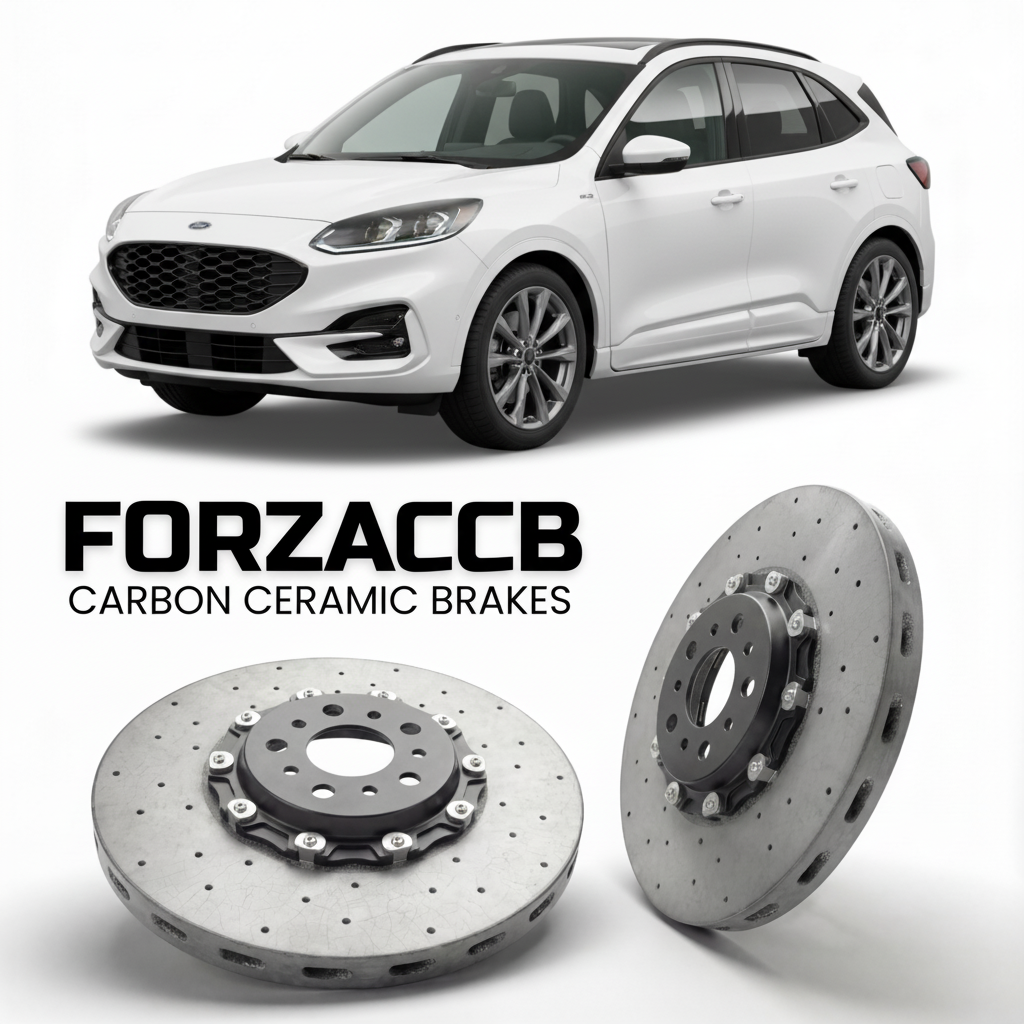 ForzaCCB direct OEM replacement carbon ceramic brake rotors for 2024+) Ford Kuga III (facelift 2024 models, shown with a white Ford Kuga car.