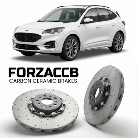 ForzaCCB direct OEM replacement carbon ceramic brake rotors for 2024+) Ford Kuga III (facelift 2024 models, shown with a white Ford Kuga car.