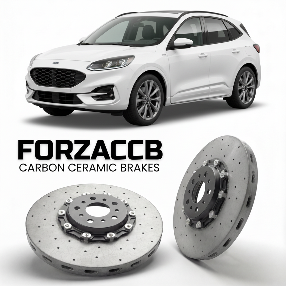 ForzaCCB direct OEM replacement carbon ceramic brake rotors for 2024+) Ford Kuga III (facelift 2024 models, shown with a white Ford Kuga car.